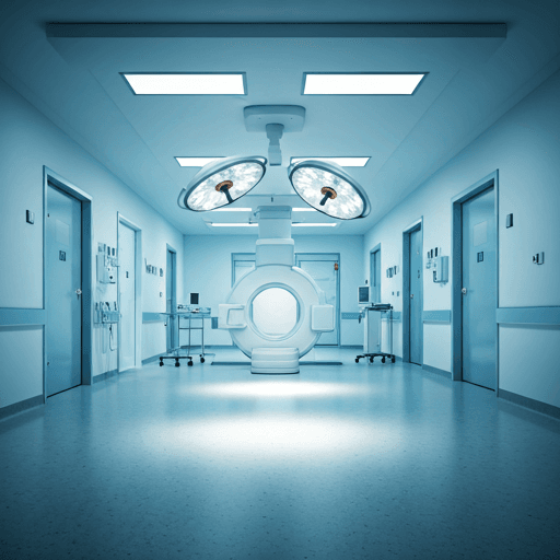 Modern high-end hospital corridor with bright surgical lighting
